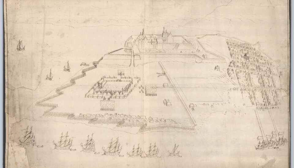 En skisse av den nye byen. Akershus festning til venstre og den nye kvadaratur-byen Christiania til høyre. Bildet er tegnet av en nederlandsk ingeniør på 1640-tallet.