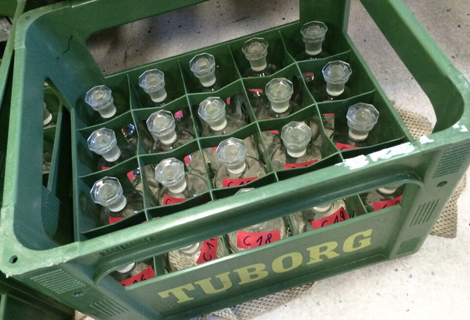 Vannprøver fylles på glassflasker som tas med til analyse. Glassflasker i grønn kasse