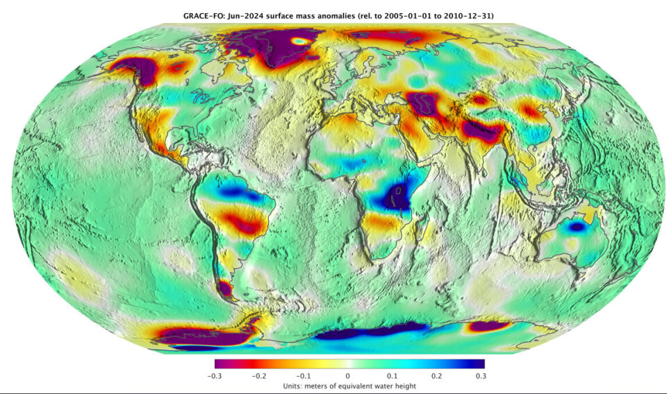 Tyngdefelt-anomali i juni 2024, målt fra satellitt. (Bilde: NASA JPL)
