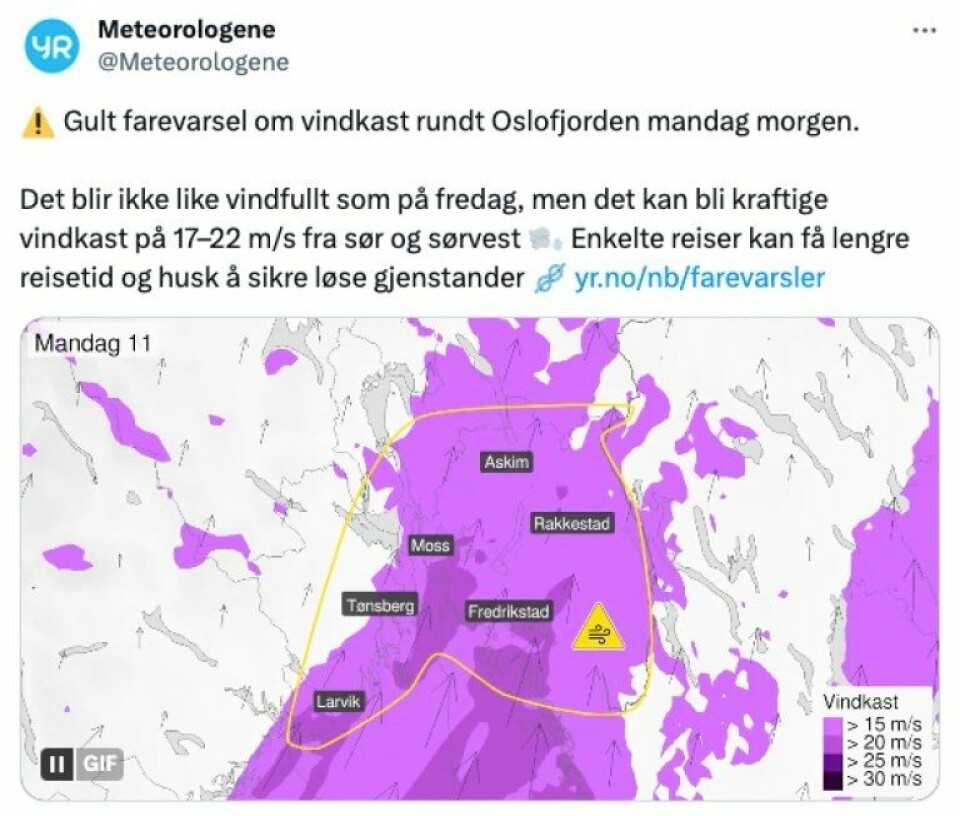 Skjermdump fra X fredag 23. august. Skjermdum fra gult farevarsel på nett