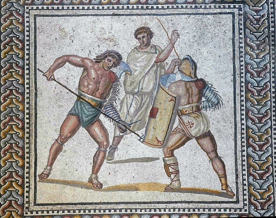 Et klassisk gladiatormotiv i mosaikk fra en romersk villa i dagens Tyskland. Gladiatoren til høyre er en såkalt secutor.