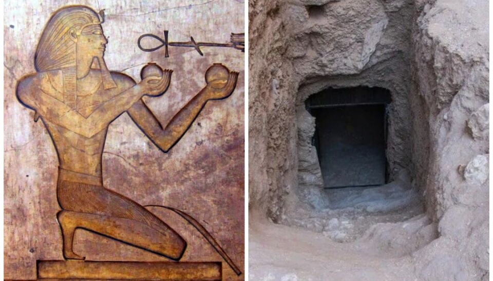 Figur av Thutmosis II på veggen i Karnak-tempelet i Luxor. Til høyre inngangen til gravkammeret.