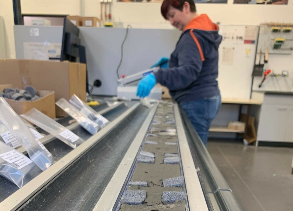 Vi tar forskjellige prøver fra sedimentkjernen, som er kuttet opp i cirka 1,5 m lange seksjoner. Prøvene skal analyseres for mikrofossiler, leire/sand, geokjemi, eldgammelt DNA og mye mer. I bakgrunnen er Catalina Gebhardt, som legger prøver i en pose. (Foto: Stijn De Schepper)