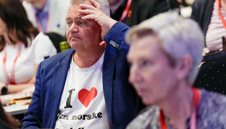 Leder Jørn Eggum i Fellesforbundet under Aps landsmøte nylig. Foran sitter avtroppende LO-leder Peggy Hessen Følsvik.