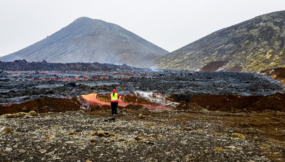 Vulkanen Fagradalsfjall var aktiv fra mars til september 2021. NTNU-professor Fjóla Guðrun Sigtryggsdóttir studerer lava som hadde begynt å strømme over en jordvoll nær en av demningene i det unike feltforsøket som startet i mai. Vulkanen Fagradalsfjall var aktiv fra mars til september 2021. NTNU-professor Fjóla Guðrun Sigtryggsdóttir studerer lava som hadde begynt å strømme over en jordvoll nær en av demningene i det unike feltforsøket som startet i mai.