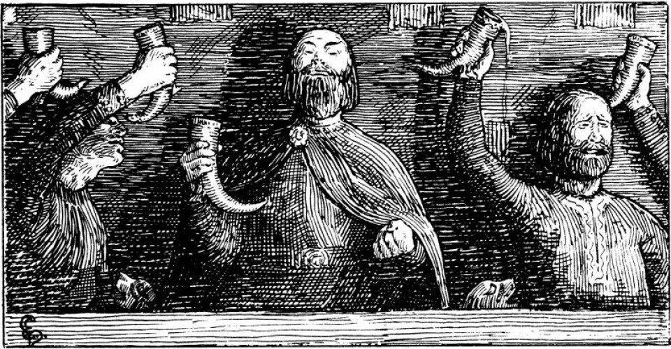 «Sigvalde Jarl gjør Løfte ved Mindebægret.» Verket viser hvordan kunstneren Halfdan Egedius forestiller seg jomsvikingen Sigvalde Jarl i en scene fra Olav Tryggvasons saga. Gjestebud var viktige sosiale og politiske ritualer i vikingtiden. «Sigvalde Jarl gjør Løfte ved Mindebægret.» Verk av Halfdan Egedius.