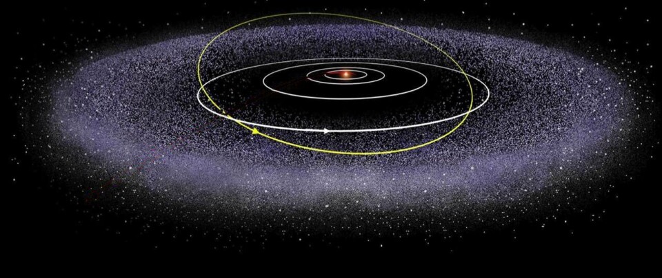 Illustrasjon av Kuiperbeltet med mange små isholdige klumper i et belte utenfor Neptun.