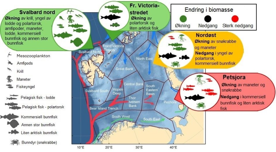 Figuren viser de største endringene i livet i Barentshavet siden 2005.