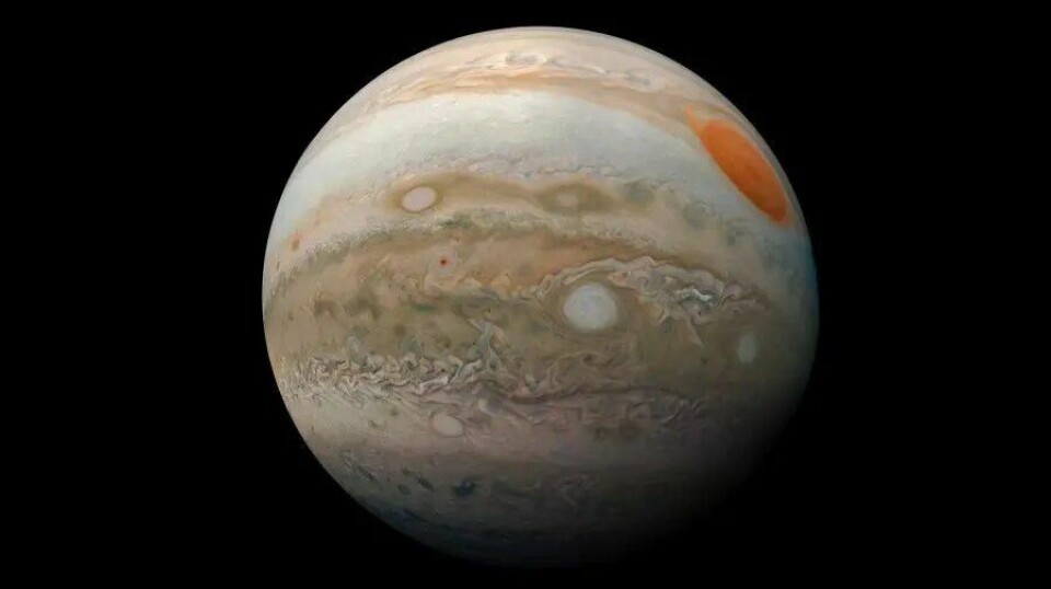 Jupiters store røde flekk fotografert av Juno, NASAs romfartøy, i 2019. Jupiter