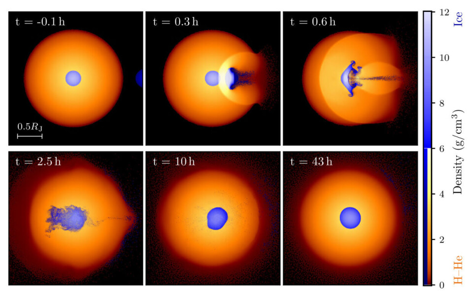 Ble Jupiter truffet av noe digert, for omtrent fire milliarder år siden? Her ser vi hvordan en slik frontkollisjon kunne artet seg, simulert med den numeriske modellen REMIX SPH. Figur av kollisjon på planet