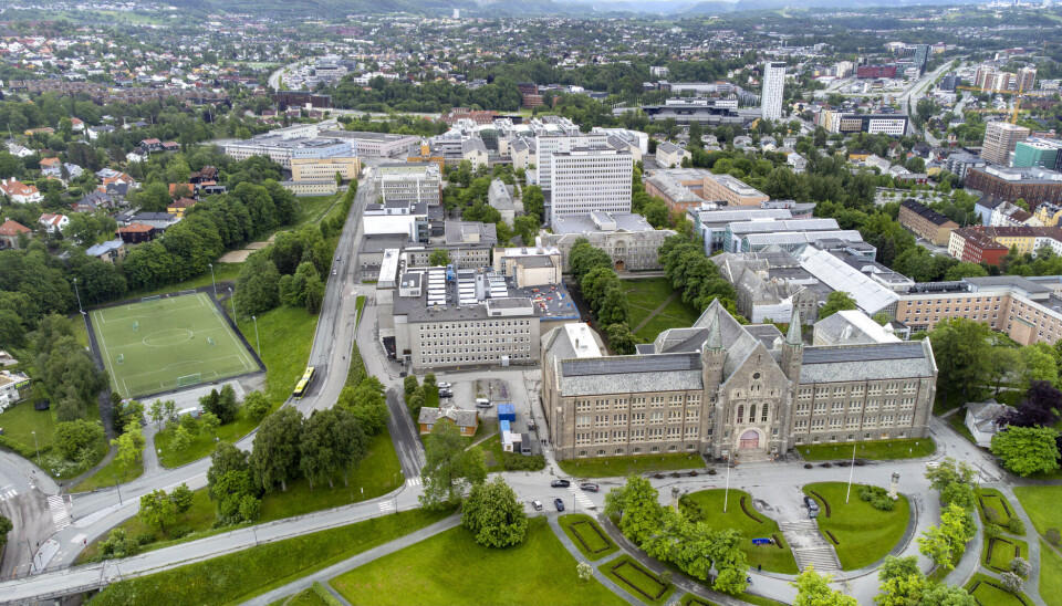 Dronebilde av NTNU i Trondheim. Det er landets største universitet, med hovedsete i Trondheim og campuser i Gjøvik og Ålesund.