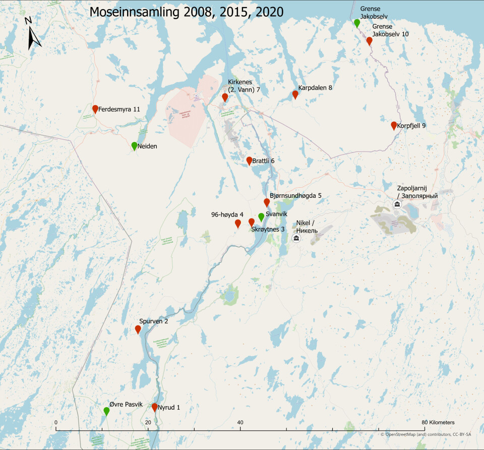 Kart som viser de elleve ulike sankestedene for mose, merket i rødt. De fire sankestedene merket i grønt er fra det landsomfattende moseprogrammet 1977-2015 (Steinnes-programmet). Kart som viser de 11 ulike sankestedene for mose, merket i rødt.