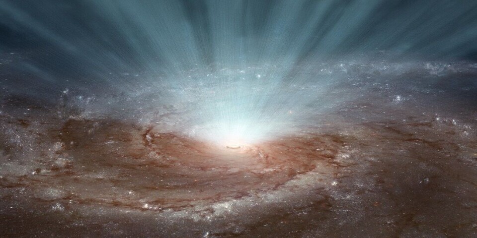 Supermassive svarte hull i midten av galakser sender stråling og ultrarask vind utover i verdensrommet. Her en kunstnerisk fortolkning. Verdensrommet