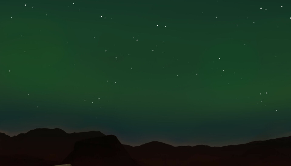 Illustrasjon av hvordan grønt nordlys kan se ut på Mars, dersom man titter gjennom en kameralinse, eller planeten treffes av en kraftig solstorm.