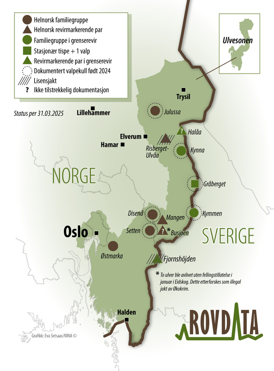 Kartet viser status for helnorske og svensk-norske ulverevir per 31. mars 2025. Kart