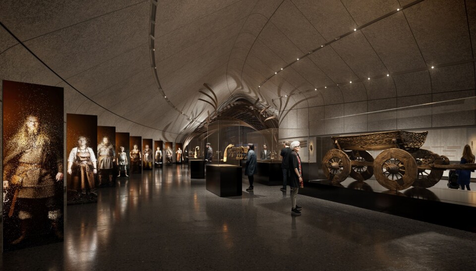 Slik skal utstillingen se ut på det nye museet. Du kan skimte sledene bak i rommet.