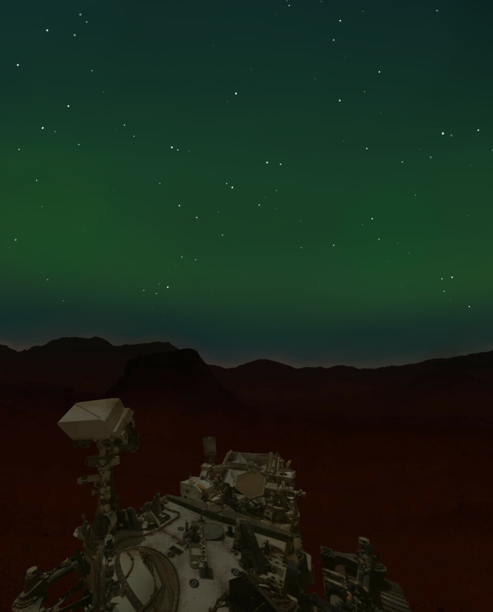 Dette er ikke bildet som ble tatt, men en illustrasjon av roveren på overflaten og Mars-nordlys som sett gjennom en kameralinse, eller ved en kraftig solstorm.