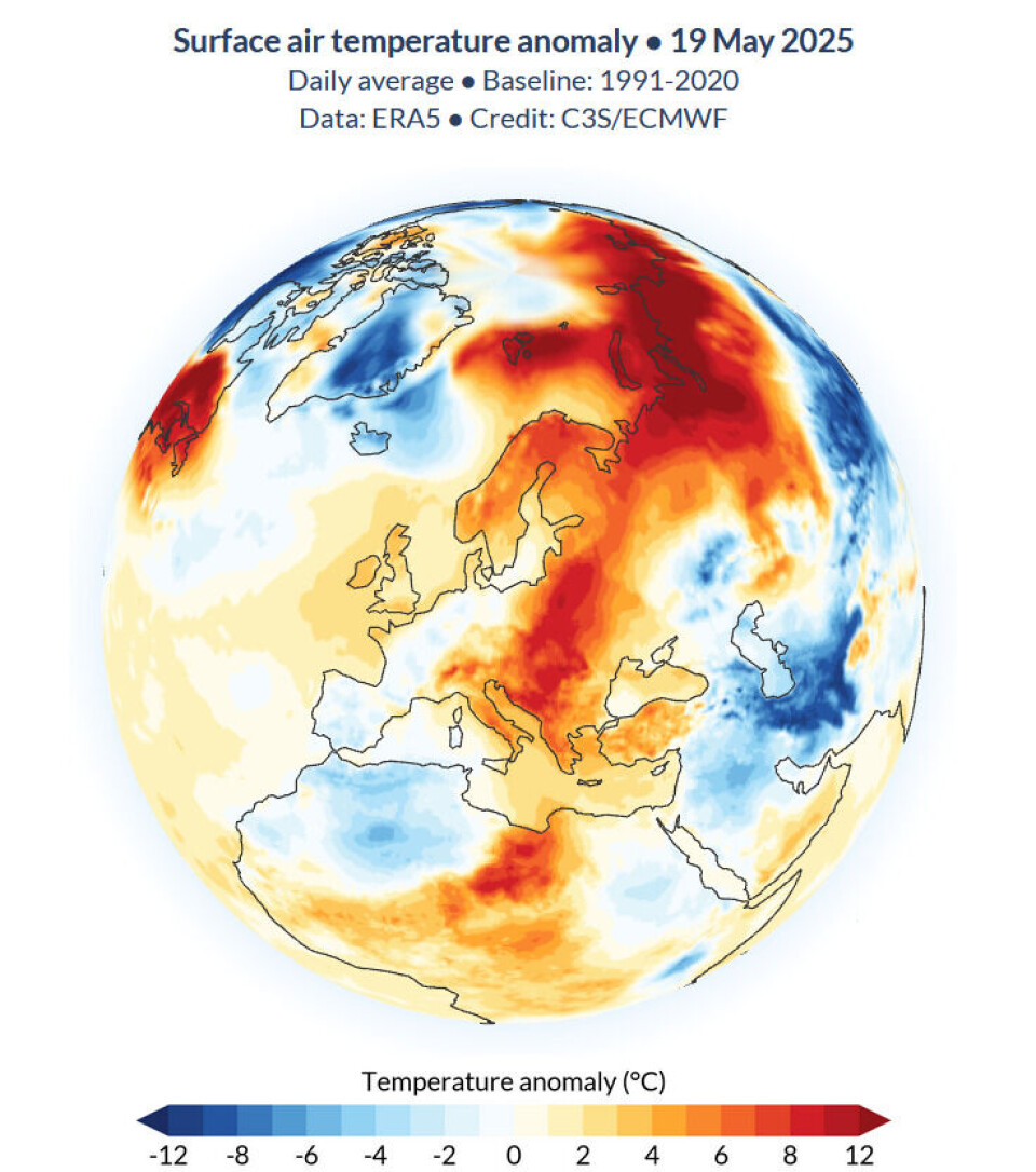 Det globale temperatur-kartet oppdateres daglig fra EUs klimatjeneste Copernicus, her for 19. mai i år.