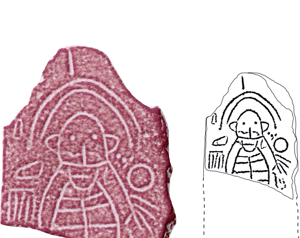En tegning og grafikk som framhever figuren med hodepryd fra samme gravplass.