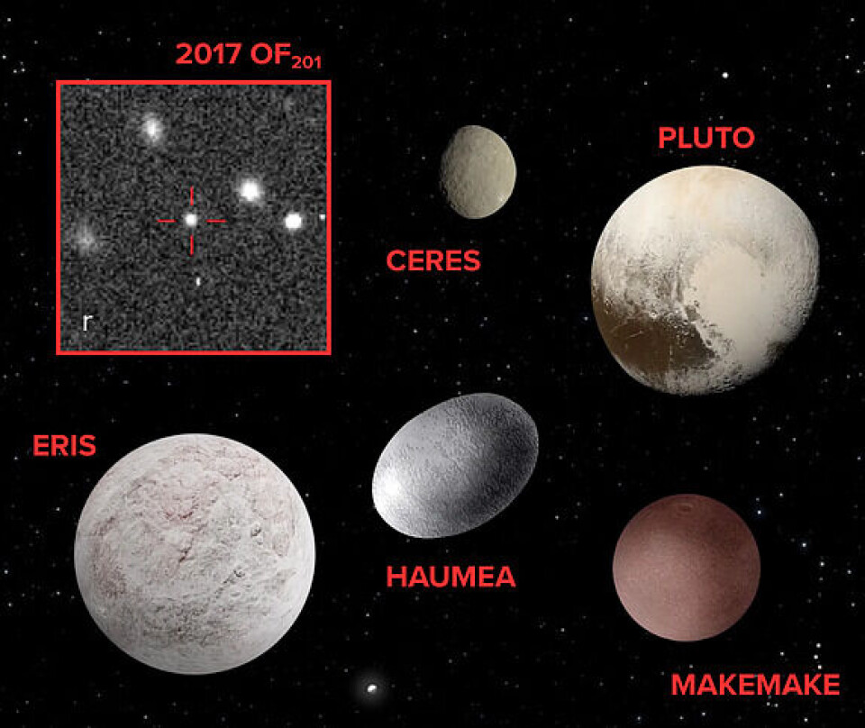 De fem dvergplanetene som er anerkjent av Den internasjonale astronomiske union, samt den nye kandidaten 2017 OF201.