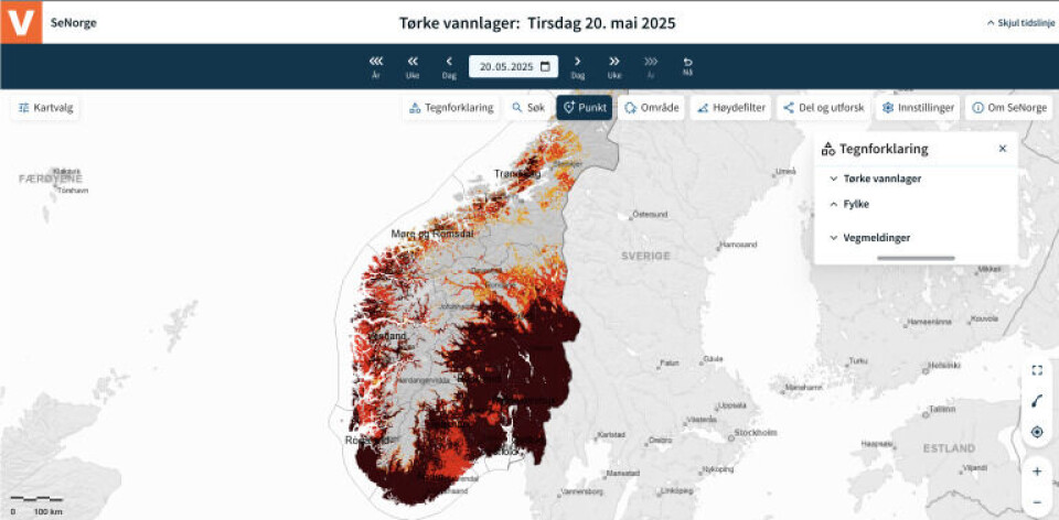 Kartet viser tørkesituasjonen i Sør-Norge per 20. mai.