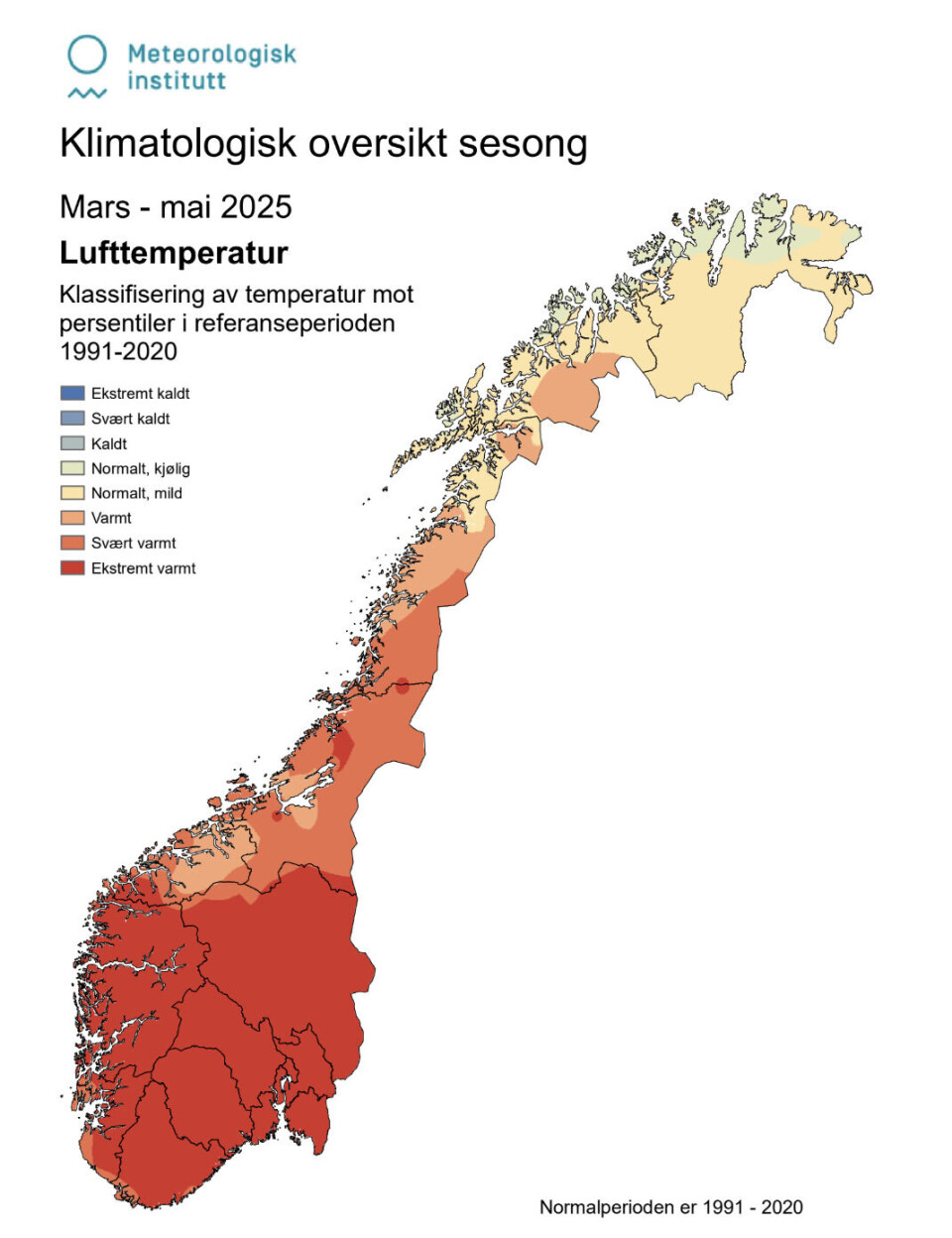 Klimatologisk oversikt over lufttemperaturen vårsesongen 2025. Trykk for større kart.