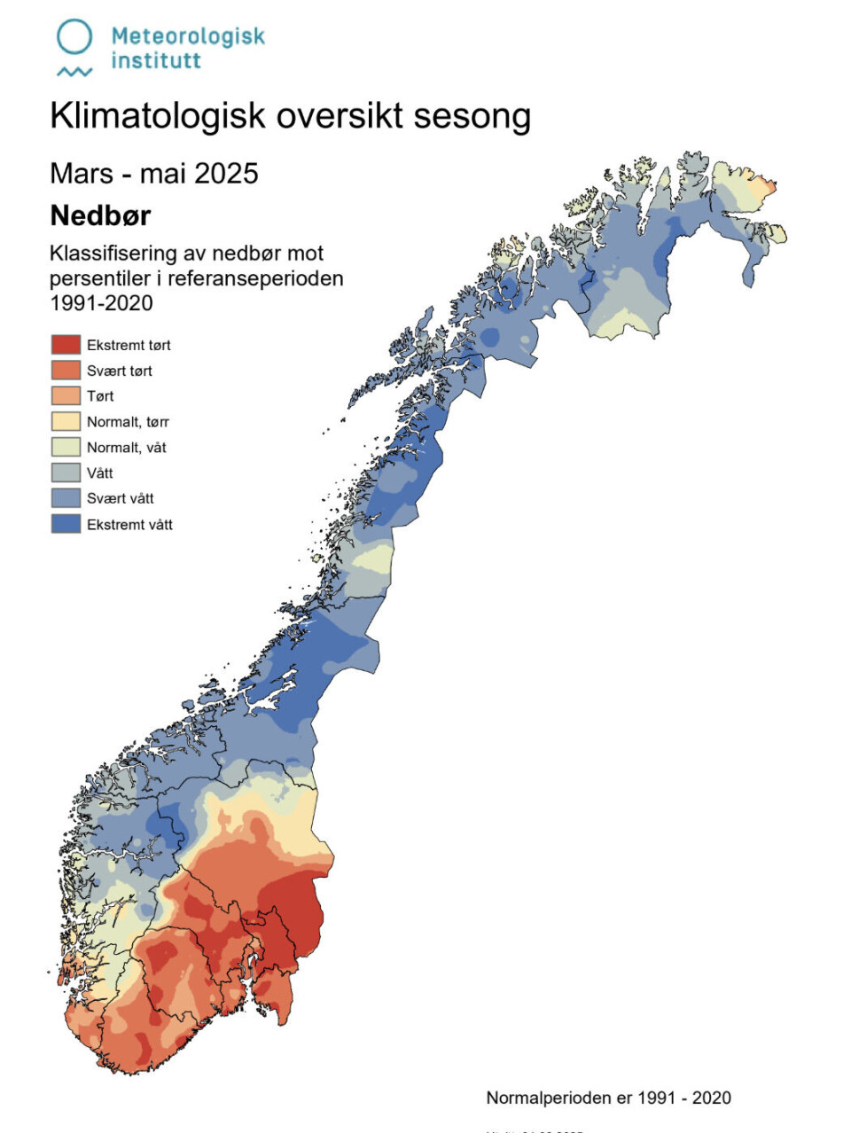 Klimatologisk oversikt over nedbøren våren 2025. Klikk for større kart.