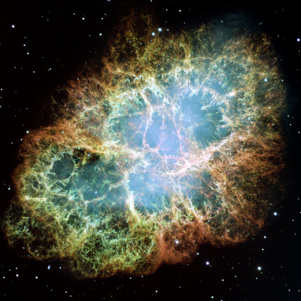 Et eksempel på restene etter en stjerneeksplosjon, en supernova kalt Krabbetåken. Her er det dannet mange grunnstoffer.