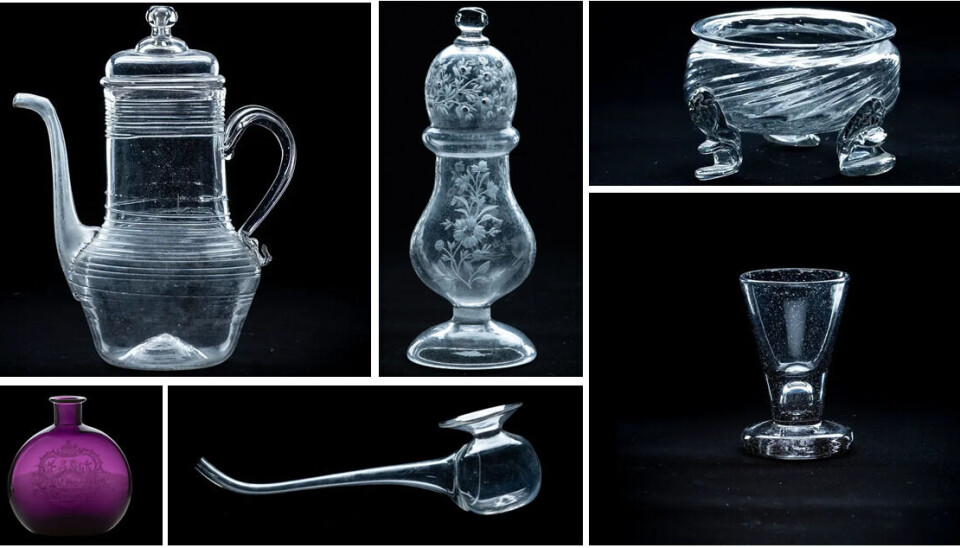 en vase, et brystglass til pumping av morsmelk og et drammeglass av frimurertypen. De hadde solid stett, slik at de tålte å bli dunket i bordet ved skåling. Glass i flere fasonger og bruksmåter.