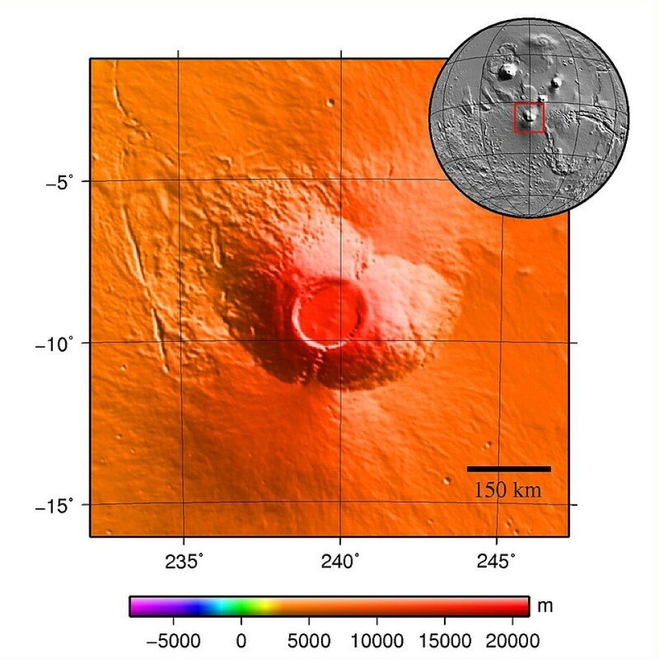 Et topografisk kart som viser den enorme vulkanen Arsia Mons. Hele vulkanen er 300 kilometer bred.