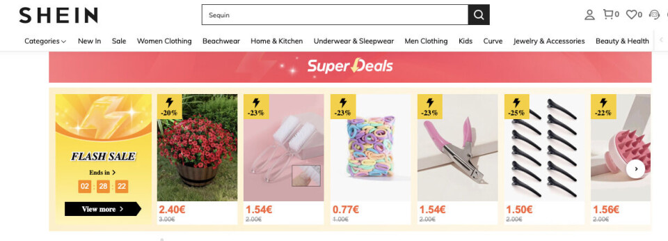 Slik kan en av nedtellingene på Shein se ut. Skjermdump av tilbud på Shein