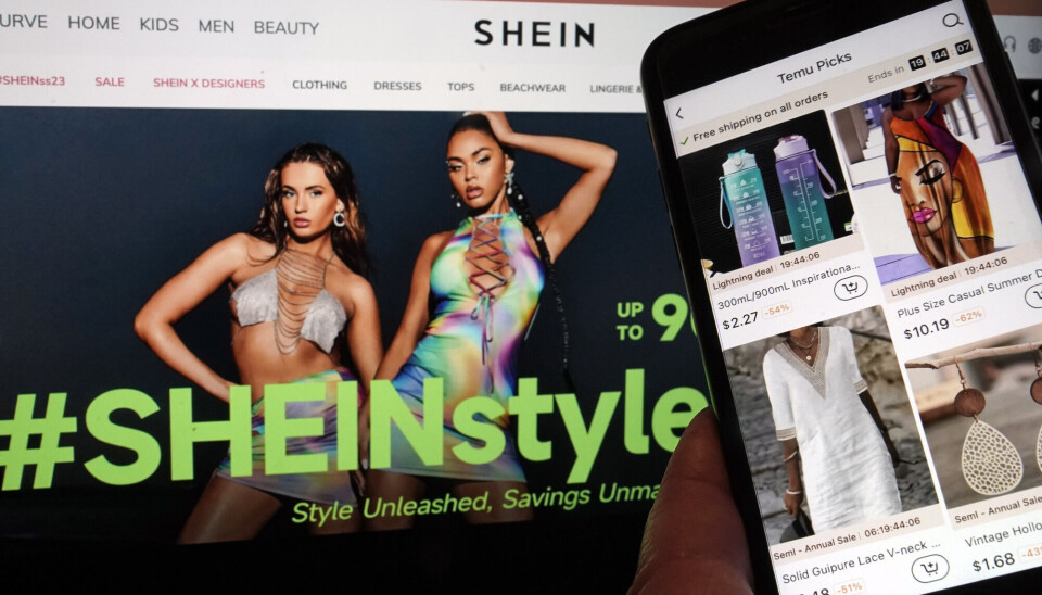Nettsider som Shein kan presse deg til å handle mer enn du egentlig vil. Bilde av nettsiden til Shein på en pc-skjer, og nettsiden til Temu på en mobil.