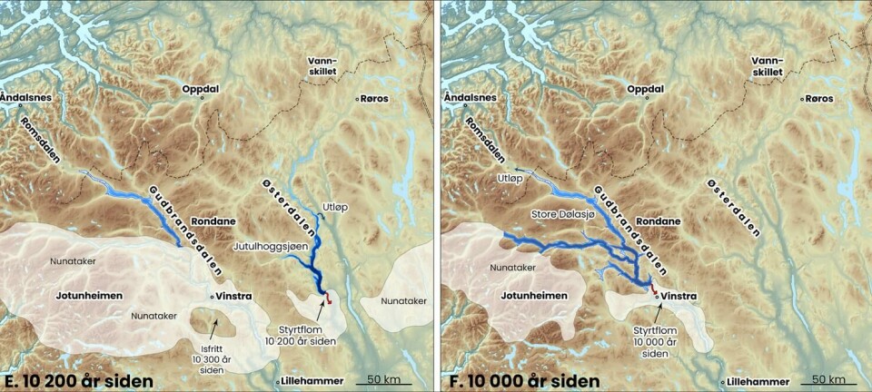 Tegningene viser hvordan isdekket minker, og hvordan de bredemte sjøene tappes mot slutten av siste istid.