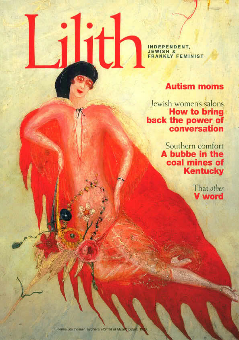 Forsiden av Lilith Magazine, våren 2005. Florine Stettheimers maleri Portrait of Myself (utsnitt) fra 1923, olje på lerret. Maleriet tilhører Columbia University i New York og ble gitt i gave av boet etter Ettie Stettheimer i 1967. Det inngår i utstillingen 'Jødiske kvinner og deres salonger' på The Jewish Museum. Mer informasjon om Lilith Magazine – et uavhengig, jødisk og åpent feministisk tidsskrift – finner du på www.Lilith.org.