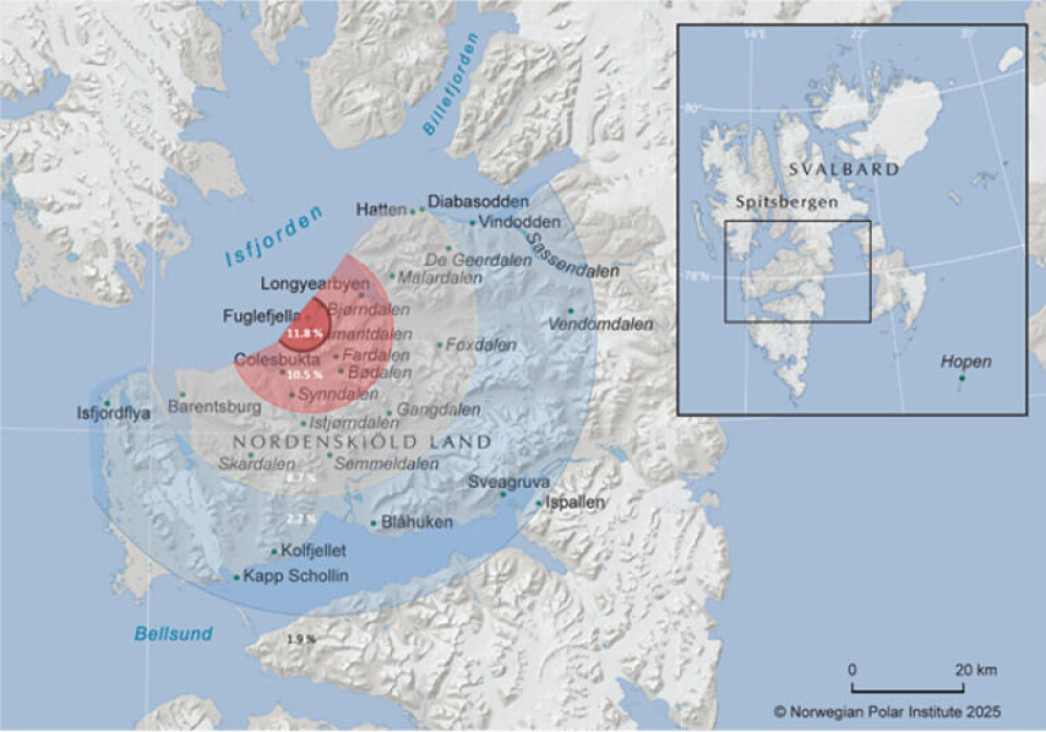 Kart som viser utbredelsen av dvergbendelormparasitten på Svalbard.