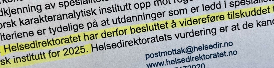 – Utdanninger som er ledd i spesialistutdanninger skal prioriteres. Helsedirektoratet har derfor besluttet å videreføre tilskuddet til Norsk karakteranalytisk institutt for 2025, skriver Helsedirektoratet i dette brevet til NKI fra 28. februar 2025.