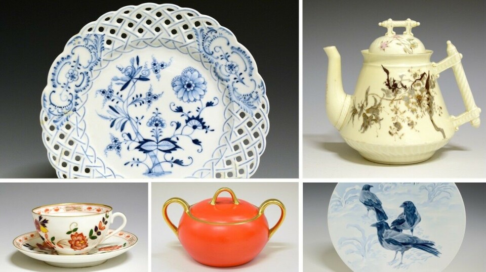 fat, tekanner, servise, sukkerskåler og platter. Disse produktene ble laget i årene 1887-1911. Et fat, en tekanne, en kopp, en sukkerskål og en platte.