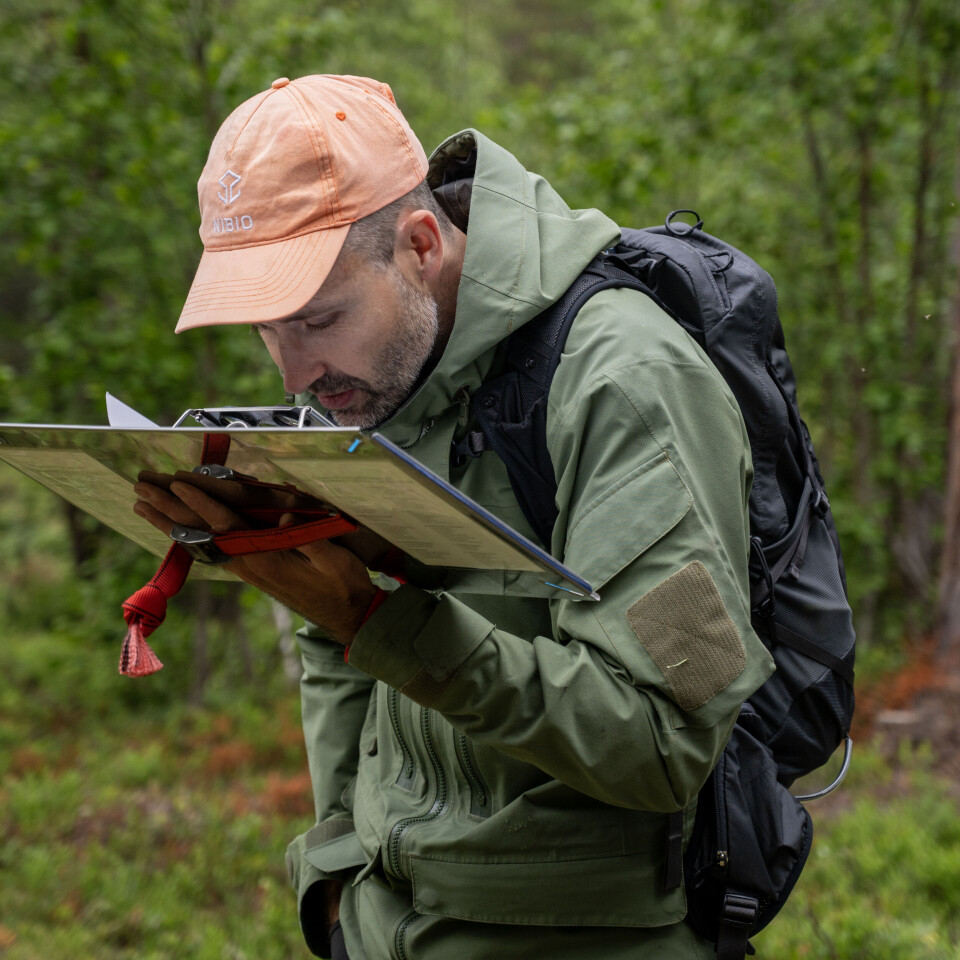 Vegetasjonskartlegger Magnus Stenbrenden studerer flybilder i 3D. De ulike plantesamfunnene og vegetasjonstypene tegnes inn på flybildet og digitaliseres til vegetasjonskart.