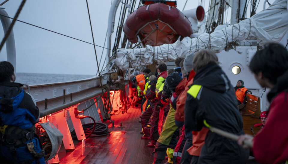 Studentene om bord på Statsraad Lehmkuhl må også være en del av mannskapet. Personer om bord på et skip som drar i et tau