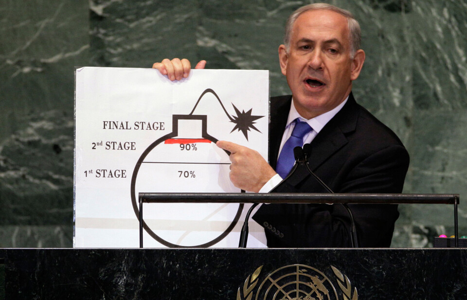 Israels statsminister Benjamin Netanyahu snakker til FNs generalforsamling om hans bekymring for Irans atomvåpenambisjoner, i 2012.