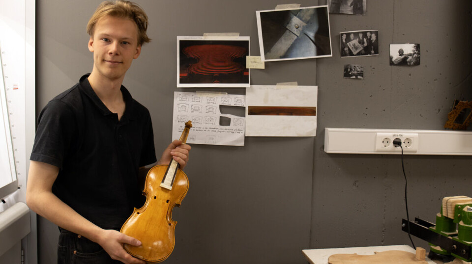 Student Kjetil Meberg Myren har tatt utgangspunkt i formen på en hardingfele signert Johannes B. Tveit fra 1822 når han skal lage eksamensarbeidet sitt fra et treemne i svartor.