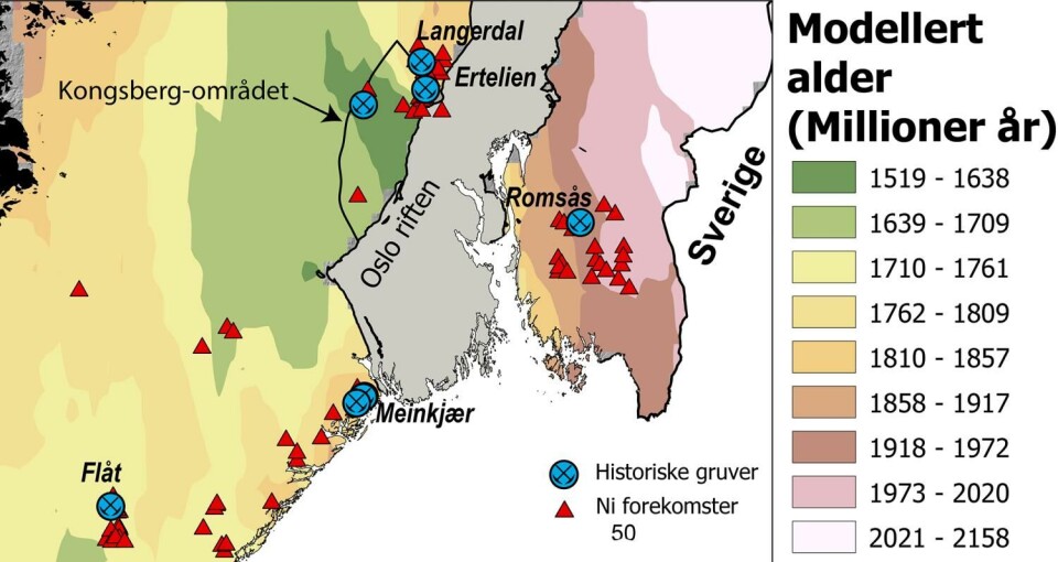 Forenklet kart med modellert alder av berggrunnen i Sør-Norge i millioner år. Osloriften ble dannet langt senere enn det som framgår av dette kartet.