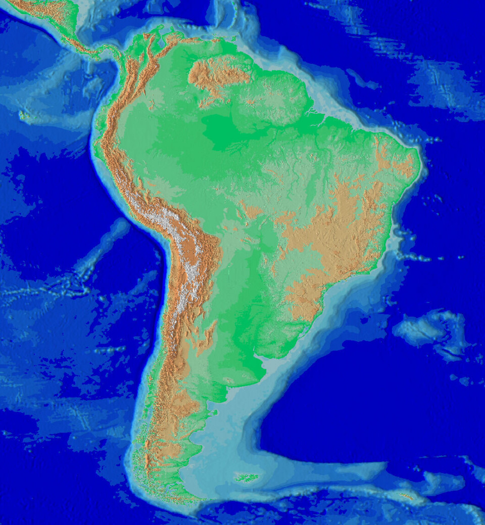 Andesfjellene er den brune stripen til venstre, som strekker seg fra Venezuela i nord til Argentina i sør langs hele Sør-Amerika. Kart over Sør-Amerika som viser Andesfjellene.