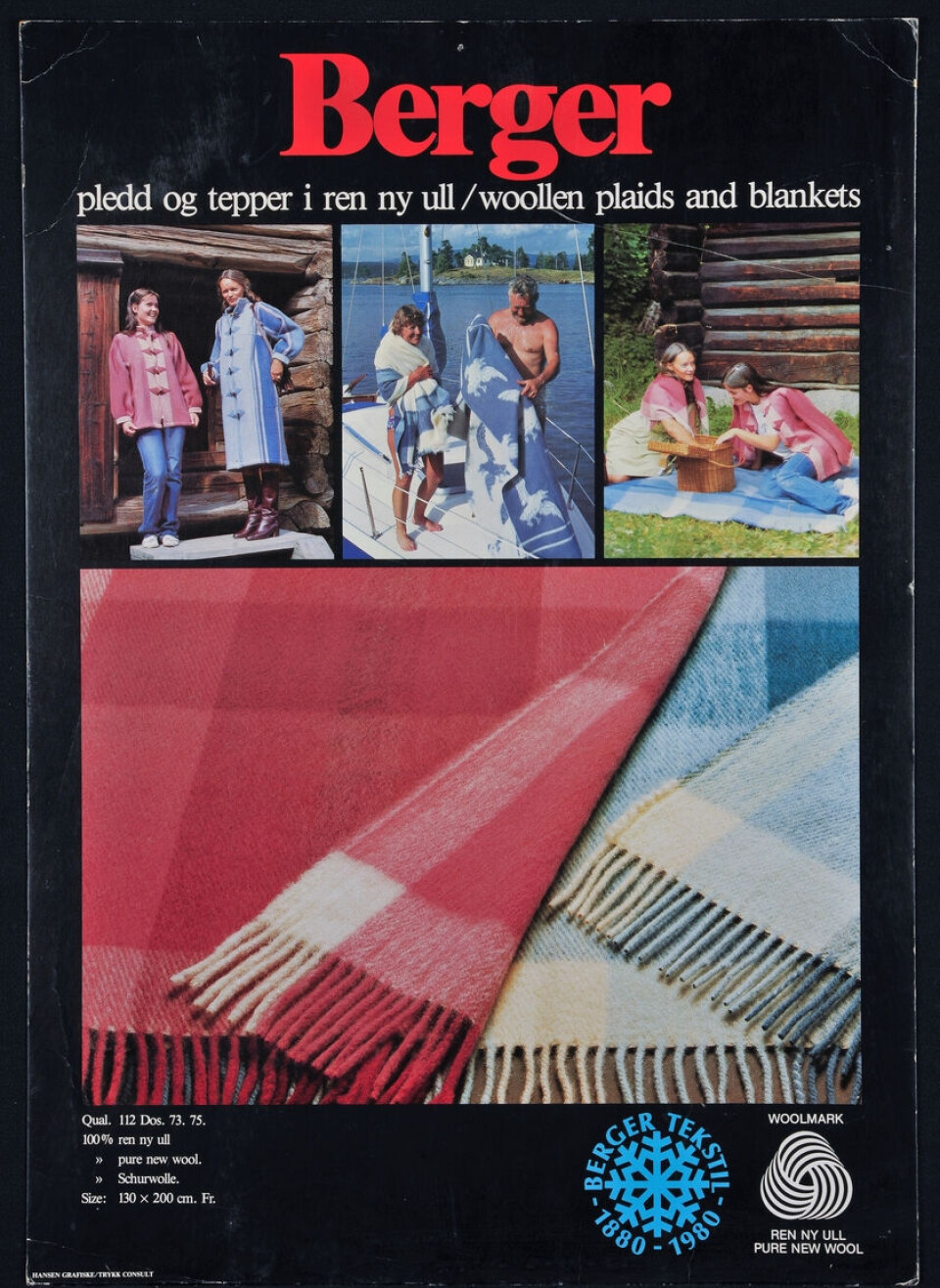 Reklame for Berger-pleddene til 100-årsjubileet i 1980. Nå satser de bare på pledd. Reklameplakat.
