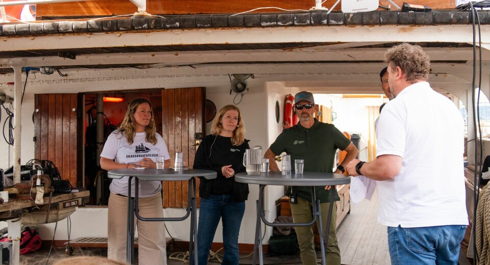 Helene Frigstad (NIVA), Sissel Jentoft (UiO), Thrond Haugen (NMBU) og Pål Molander (NIVA) i paneldebatt om bord i fullriggeren Sørlandet under Skagerrakseilasen 9-22 juni 2025.