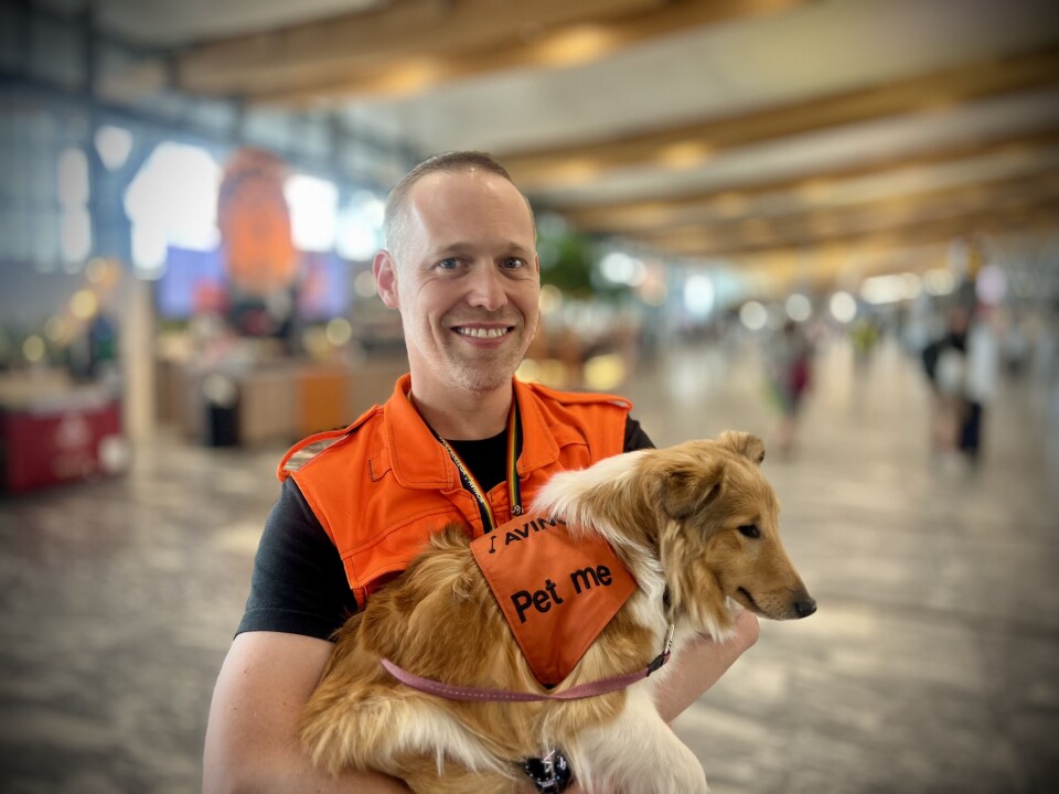 På Gardermoen tar Henrik Bergvin med hundene sine for å glede de reisende og ansatte.
