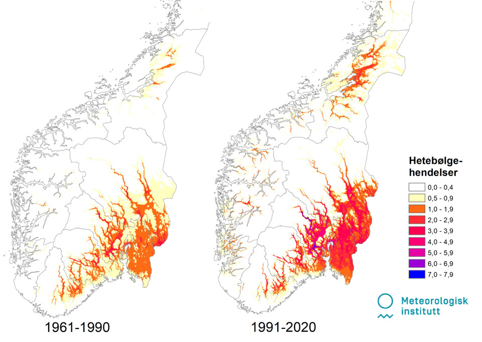 Hendelser med hetebølge i forrige normalperiode (1961-1990) sammenliknet med nåværende normalperiode.