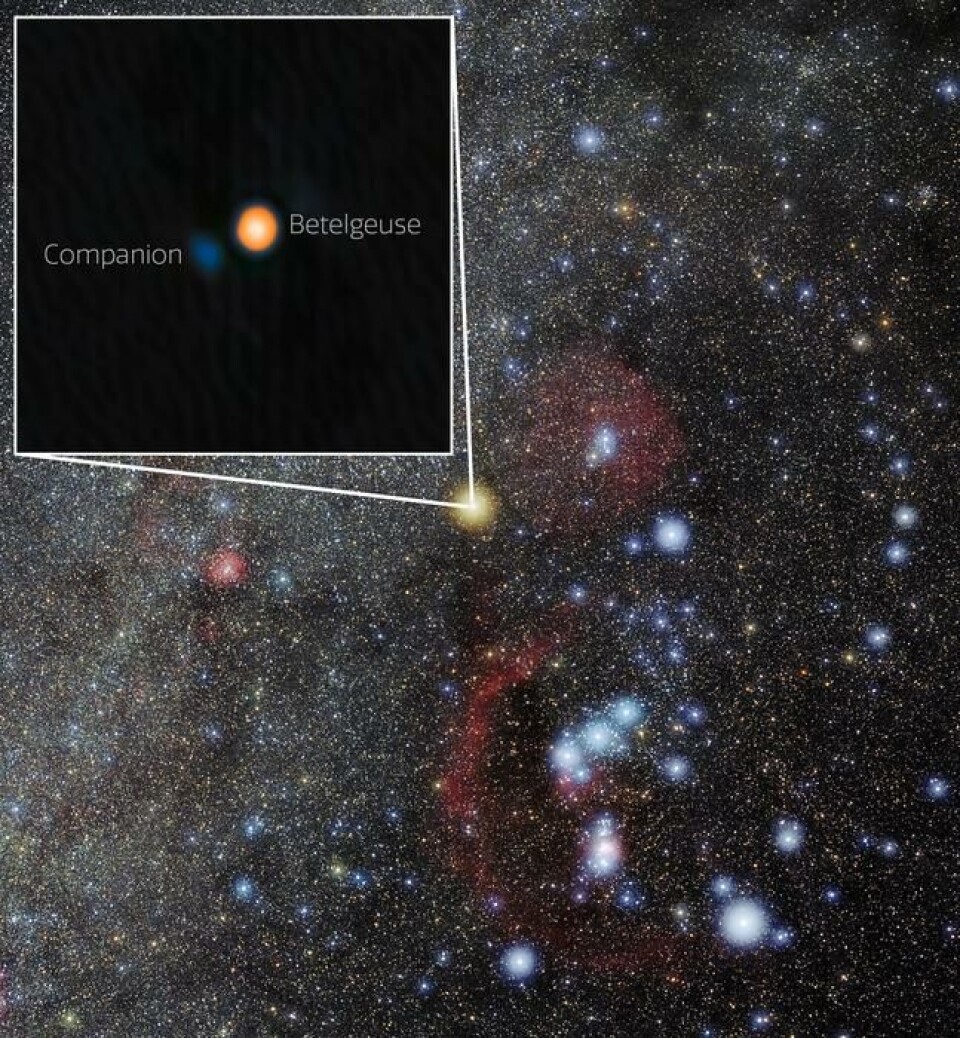 Betelgeuse utgjør en av Orions skuldre, Den et mer gulaktig lys enn de andre stjernene i stjernebildet. Bildet viser stjernebildet Orion. Betelgeuse, i Orions venstre skulder, lyser gult, i kontrast til de andre blåhvite stjernene i stjernebildet. Et utsnitt viser det nye bildet av Betelgeuse og partner-stjernen.