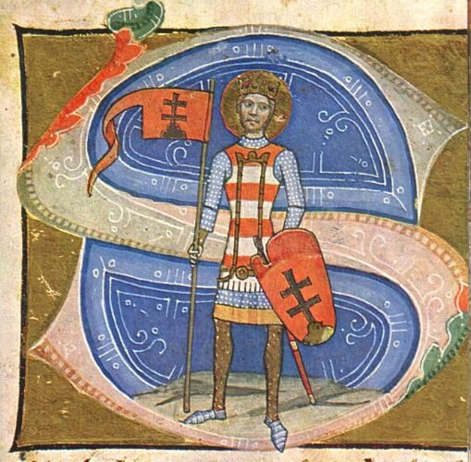 Illustrasjon fra et manuskript som skal vise kong Stefan I av Ungarn, den første kongen i det kristne kongeriket.