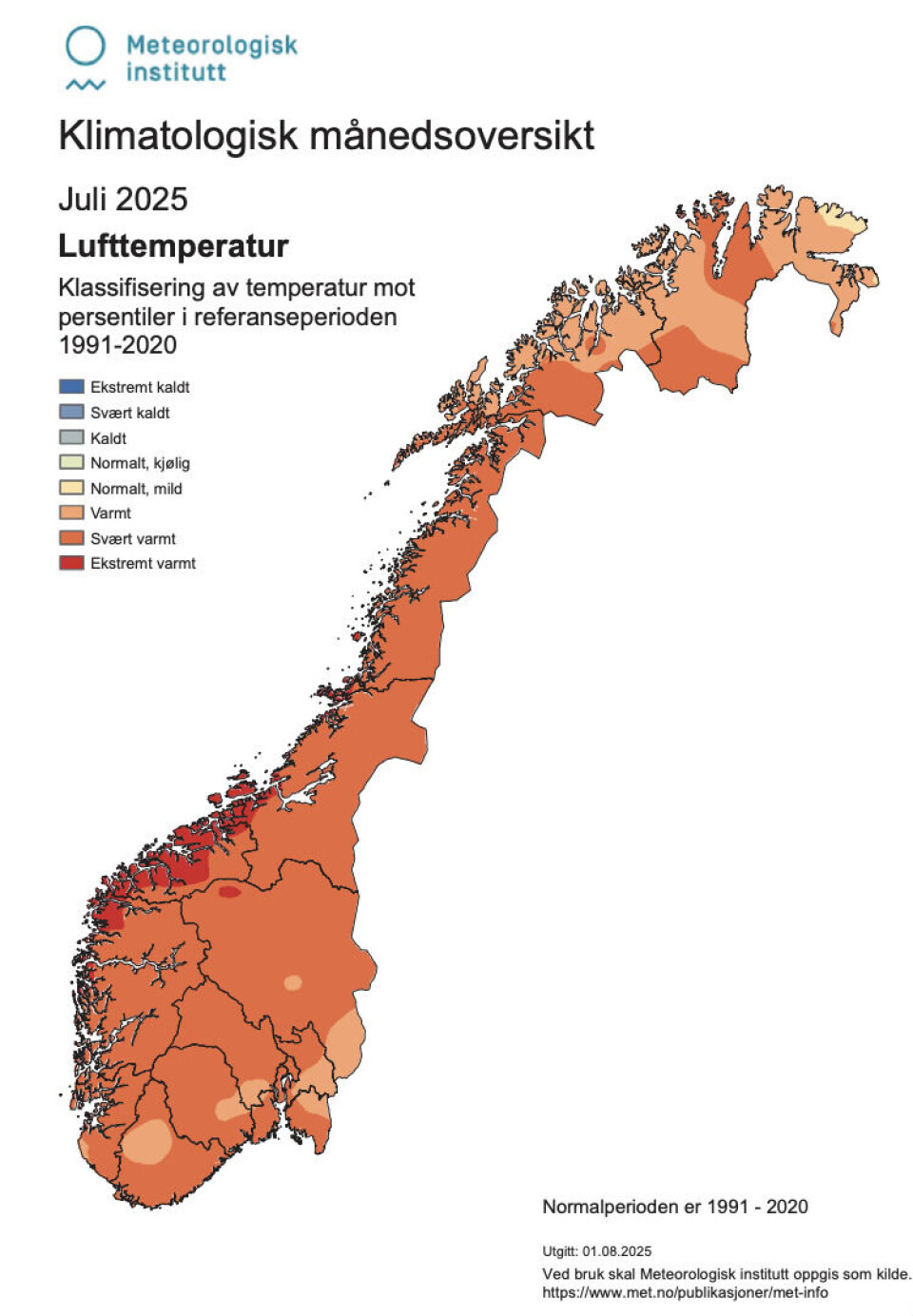 Kartet syner lufttemperatur for juli 2025.